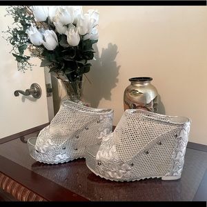 Women's White Platform Lace Peep Toe Wedge Heel Sandal